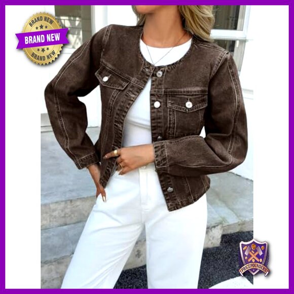 Cropped Denim Jacket Slim Fit Y2K Retro Casual Button Down Crewneck Shacket - Picture 6 of 7